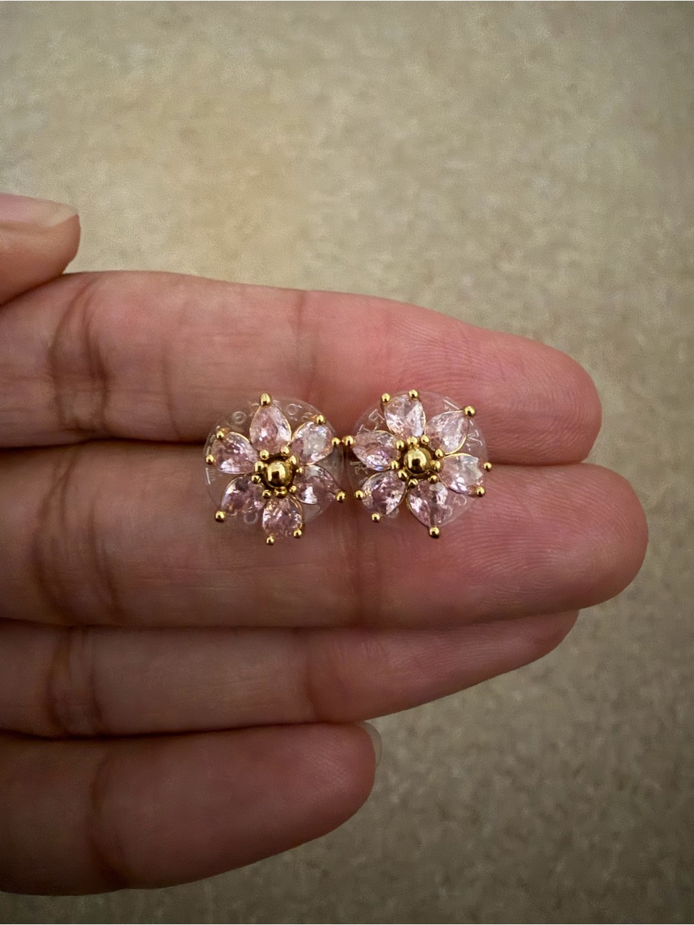 Delicate Pink Crystal Flower Stud Earrings - Gold Tone